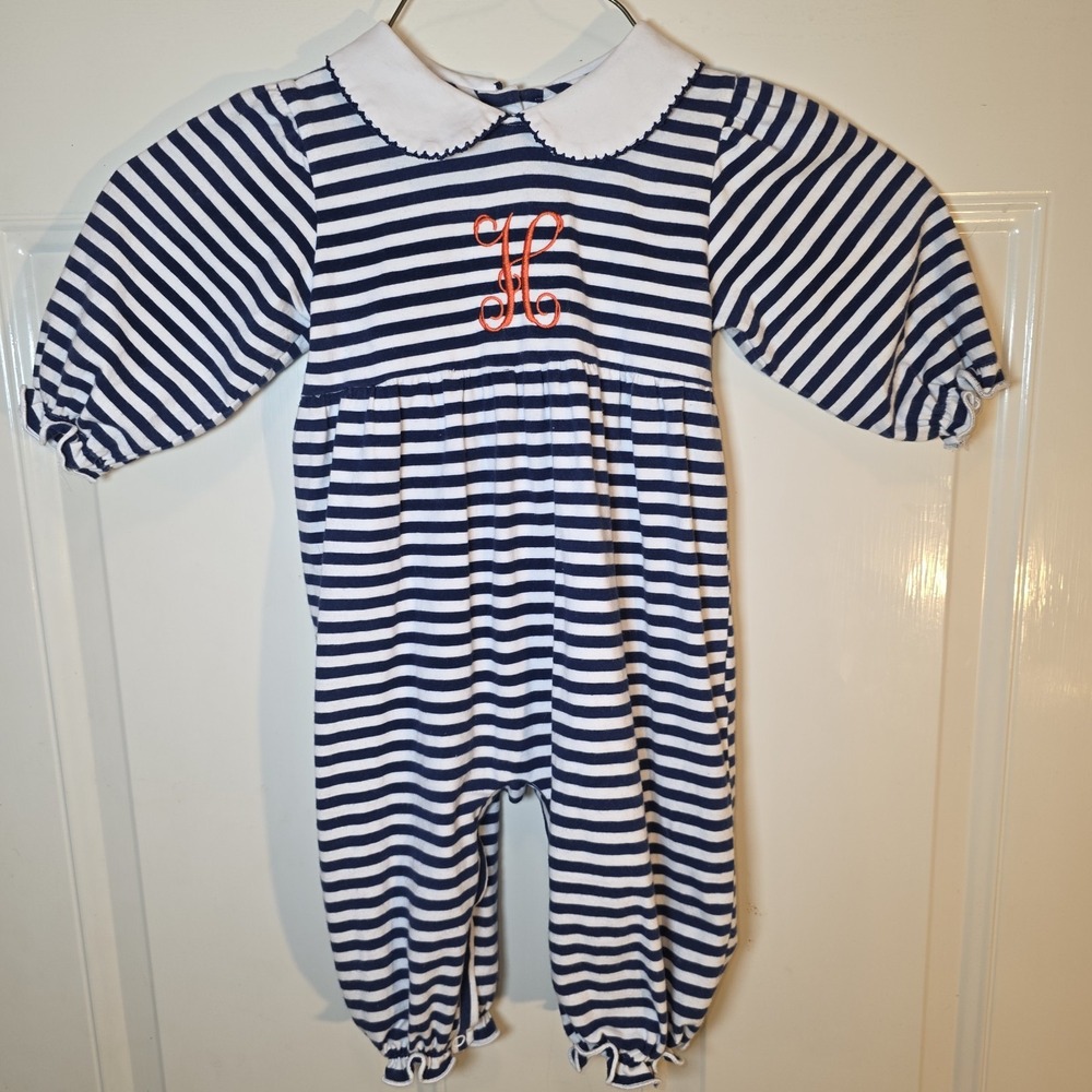Emma Blake Smocks Size 9 Mo Blue & White Striped Romper, Orange Embroidered "H"